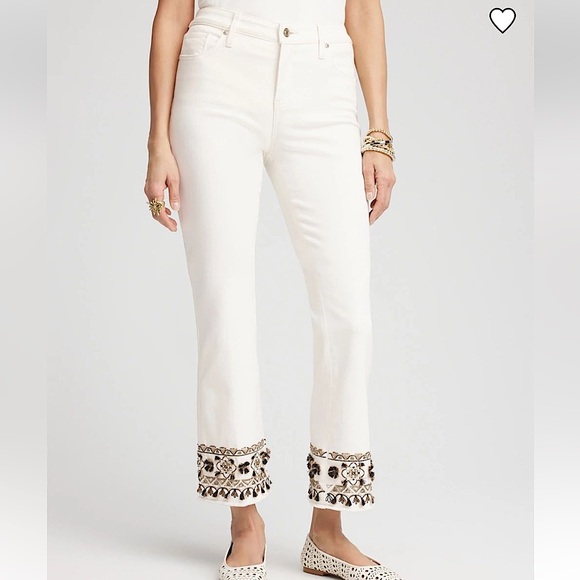 NWT Chicos off white girlfriend kick flare crop jeans black gold embroidery 12P - Picture 1 of 13